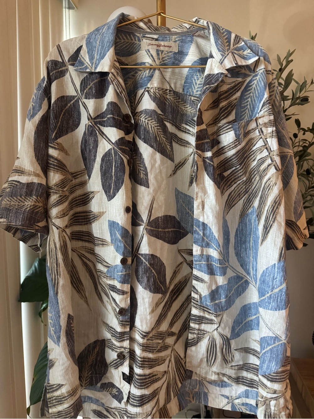 Tommy Bahama Blue and Brown Tropical Leaf Button-Down Shirt